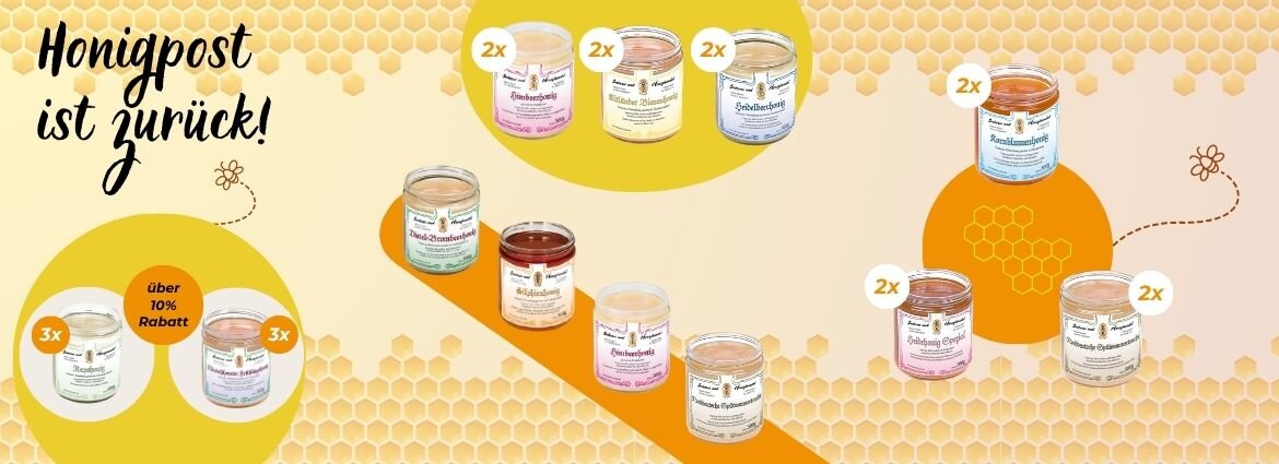 Diverse Honiggläser vor gelb-orangen Hintergrund